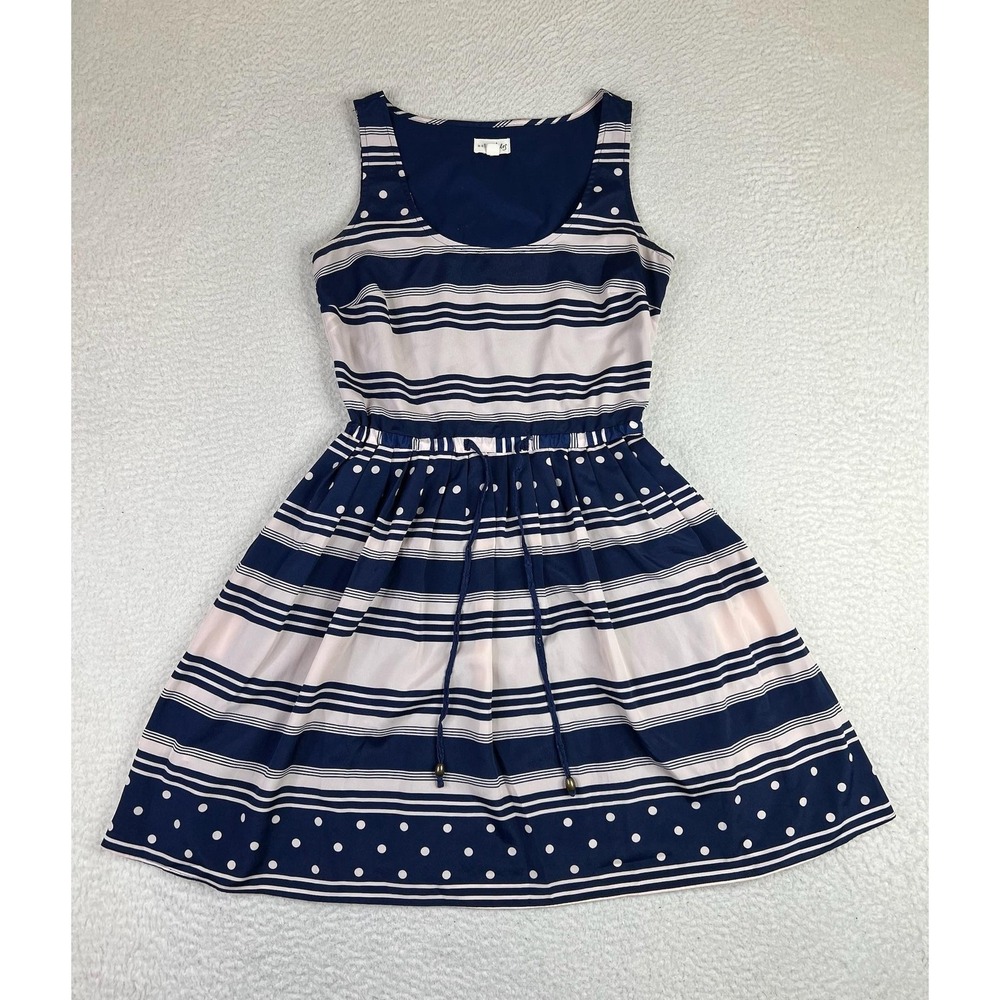 Maison Jules Womens XS Blue Striped Polka Dot Fit Flare Nautical Sundress